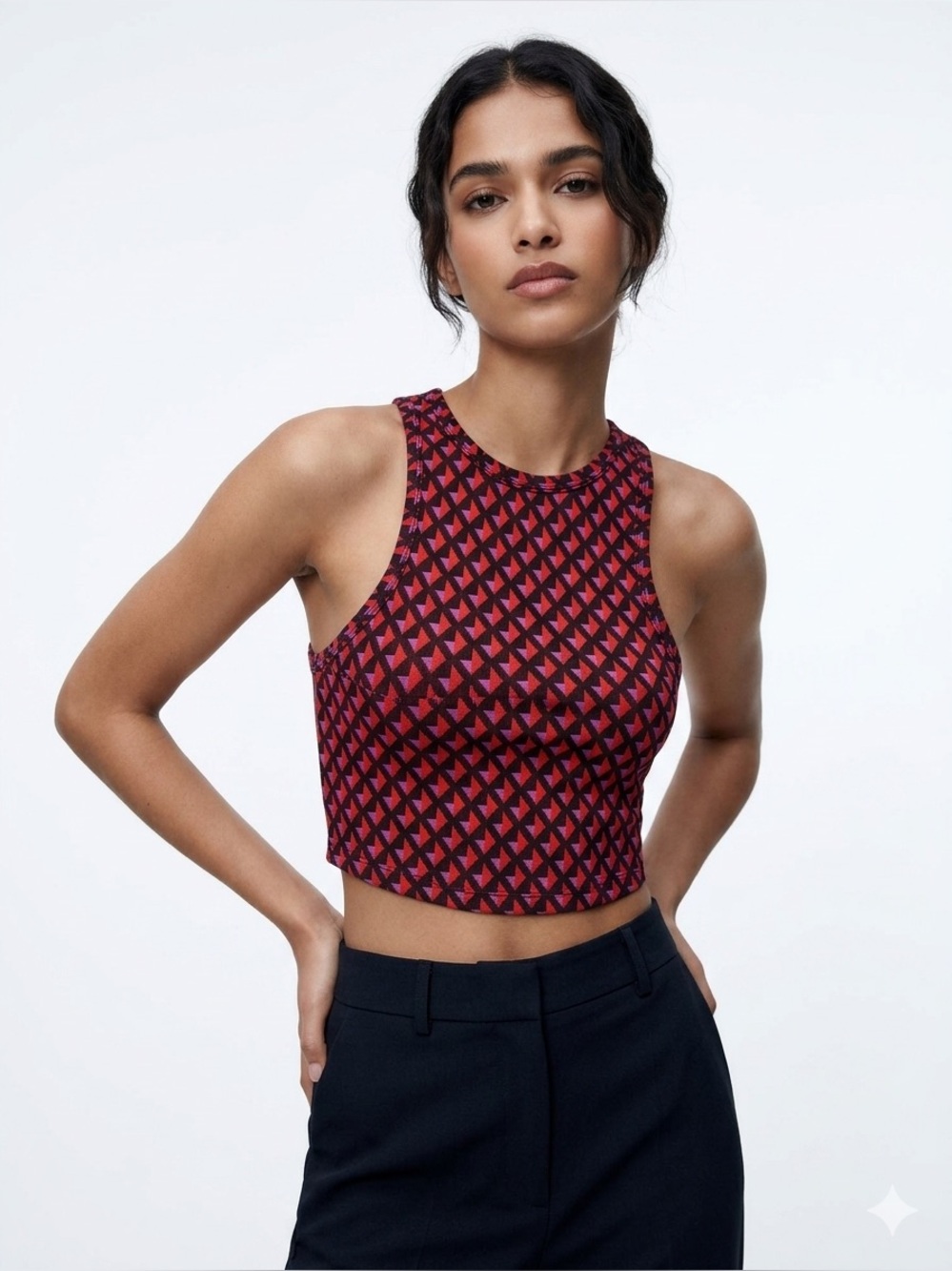 Zara Red Geometric Cropped Tank Top Size XS
